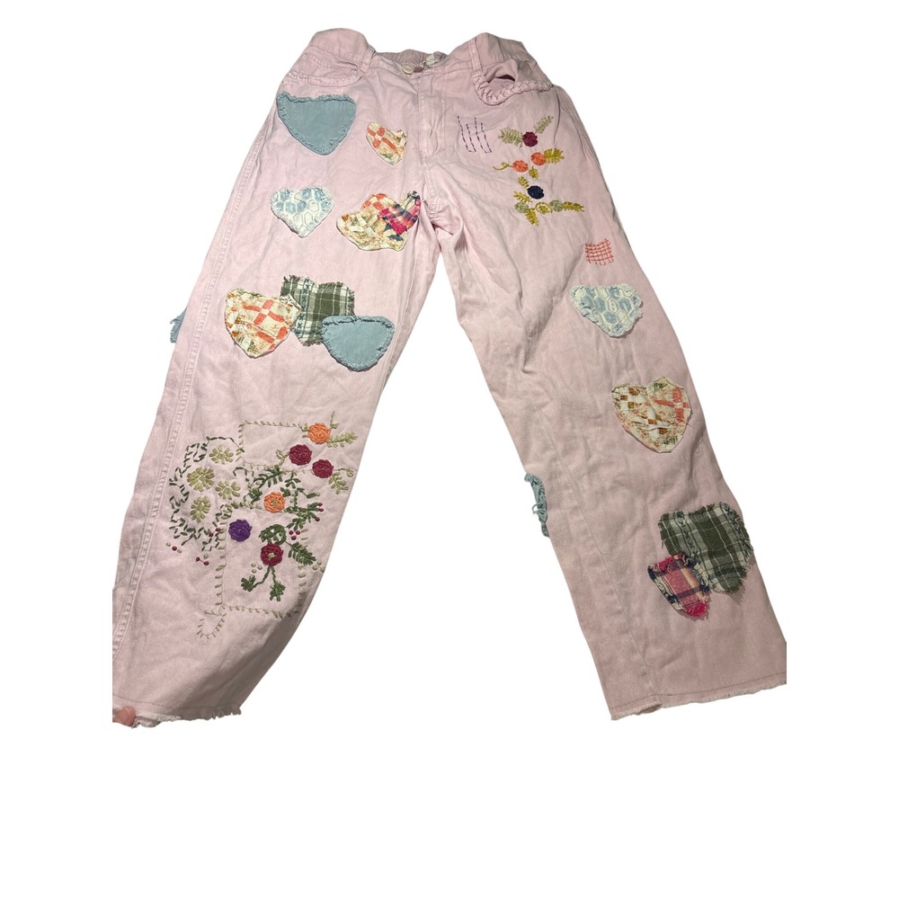 Blue Velvet Pink Heart Patchwork Floral Embroidered Wide Leg Jeans Small